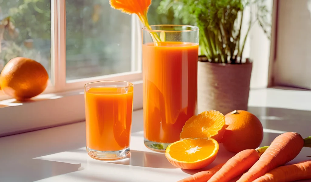 Orange carrot juice in sunlight