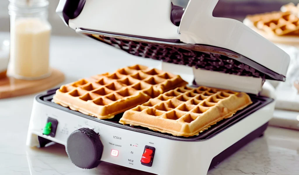 Pouring waffle batter into iron	