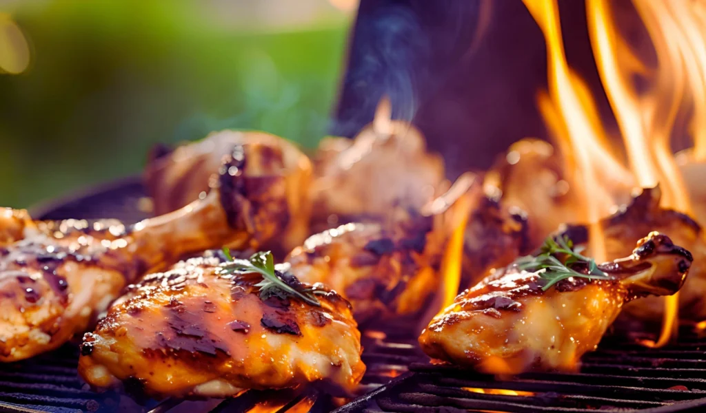 Chicken grilling with char marks