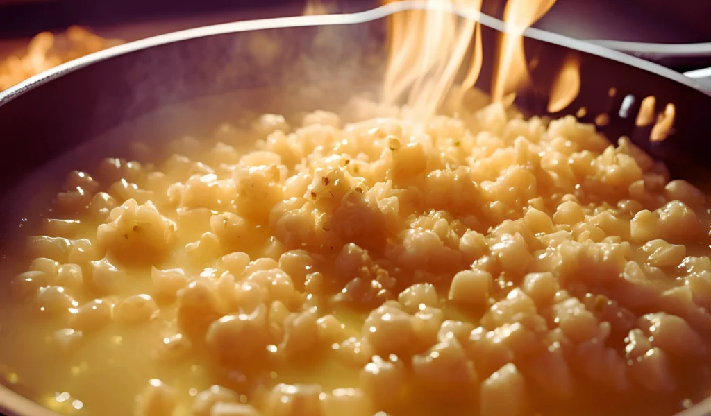 Minced garlic sautéing in butter	