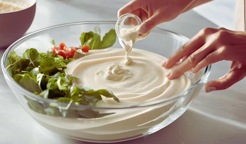 Mixing chicken salad dressing	