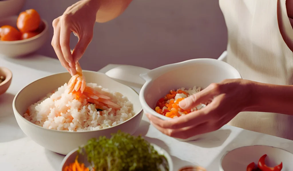 Assembling ingredients into a bowl	