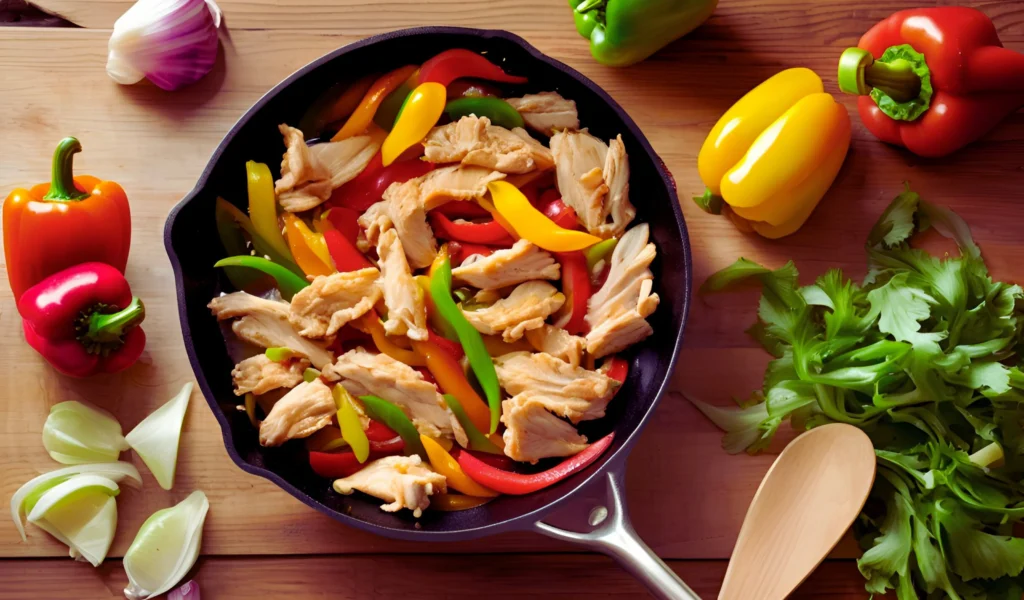 Stir-frying chicken and peppers	