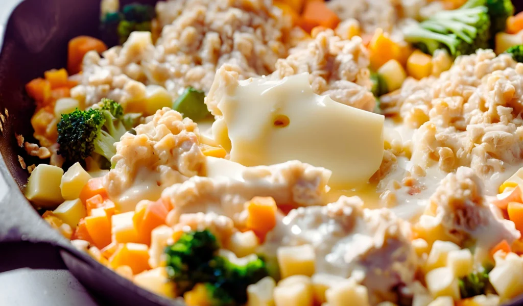 Cheese melting over chicken and veggies	