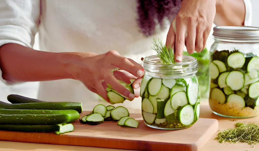 Packing cucumbers into jars	