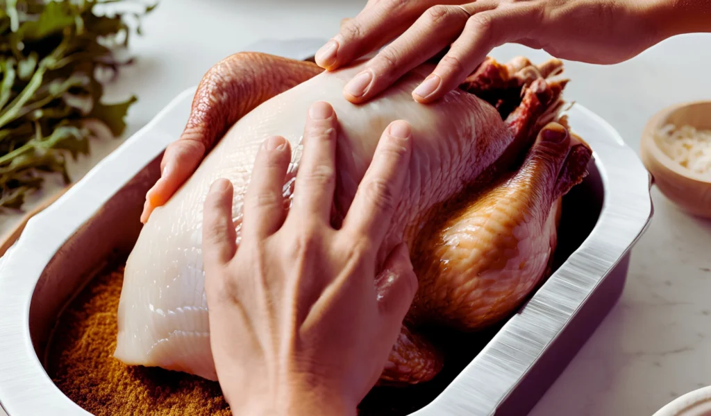 Applying dry rub to turkey skin	