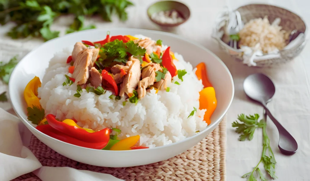 Served chicken bell pepper on rice