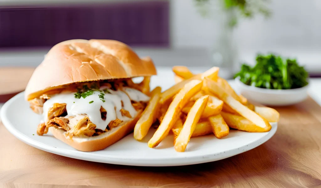 Chicken cheese steak served with fries	