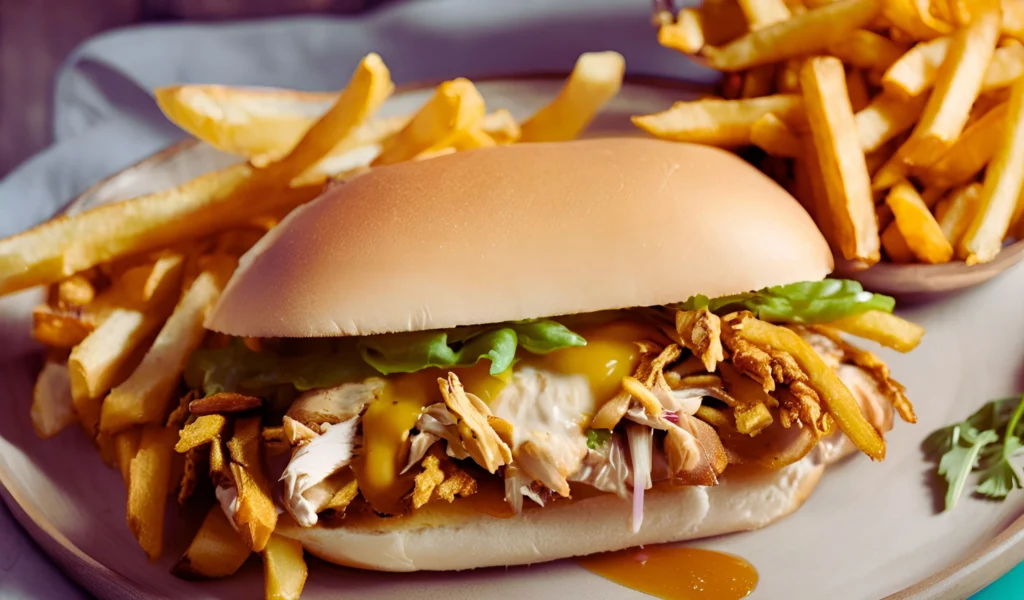 Serving Chicken Philly with fries	