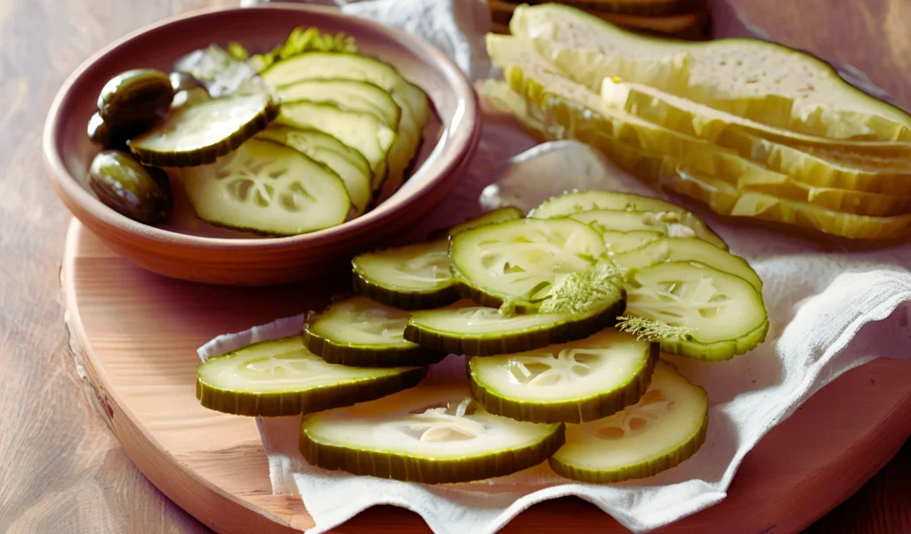 Crunchy kosher dill pickles served	