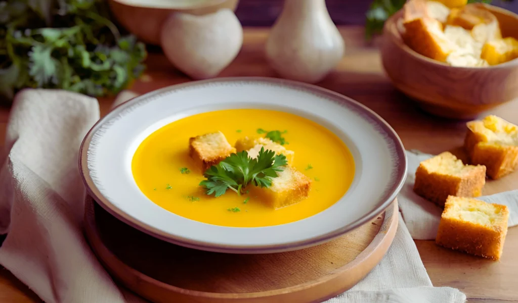 Golden beet soup in a bowl	