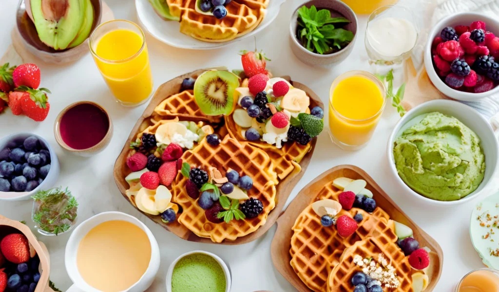 Breakfast spread with waffles	