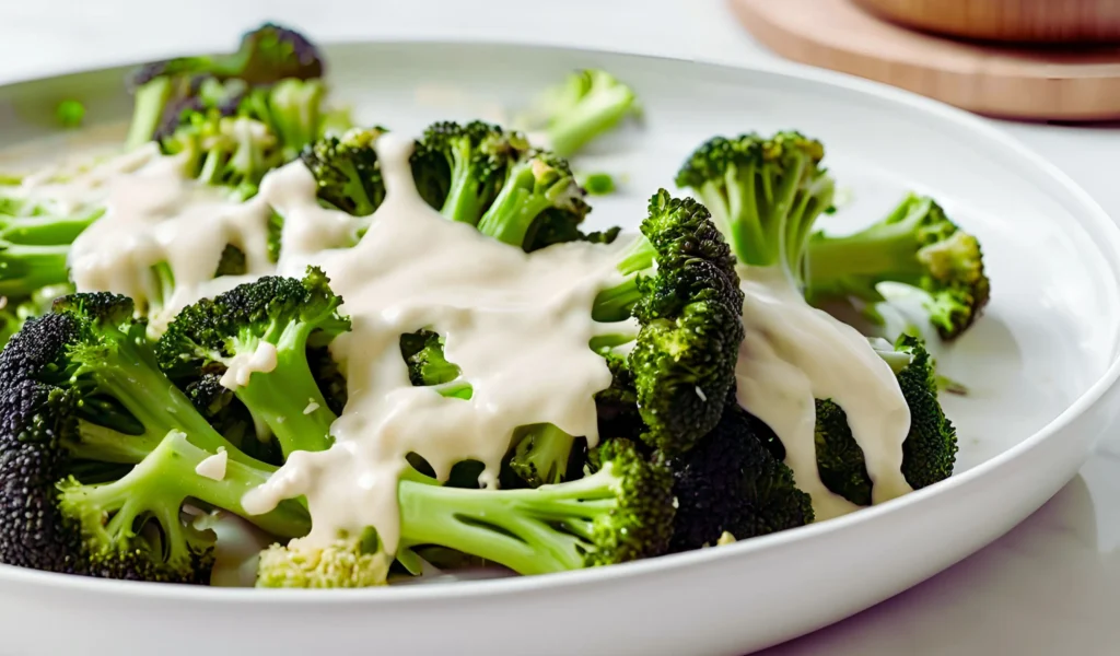 Garlic cream sauce with steamed broccoli	