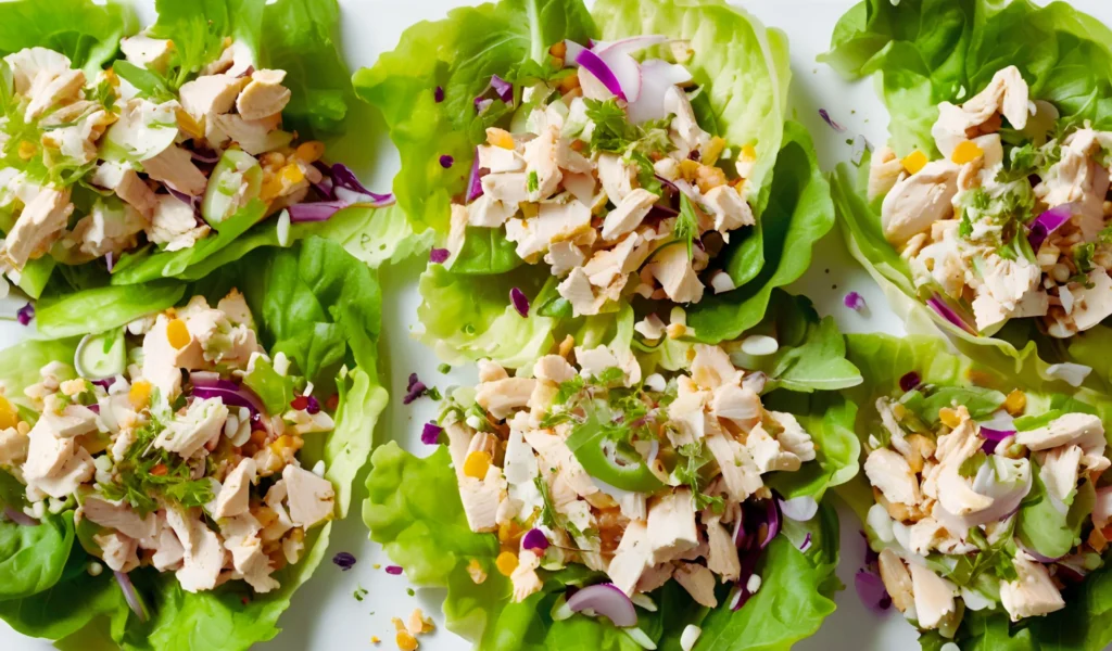 Chicken salad on lettuce leaves	