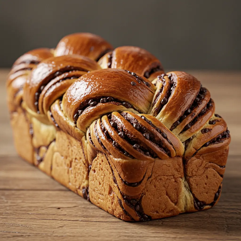 Freshly baked braided bread with chocolate chips