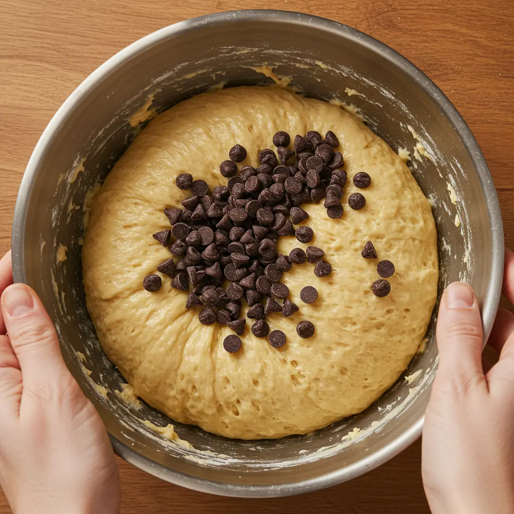 Chocolate chips being folded into dough