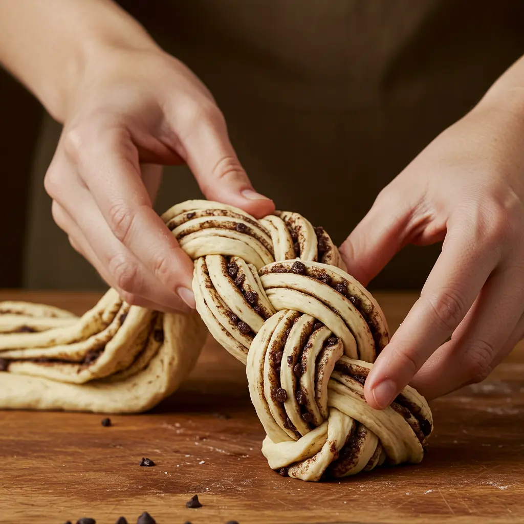 Hands braiding brioche dough with chocolate chips