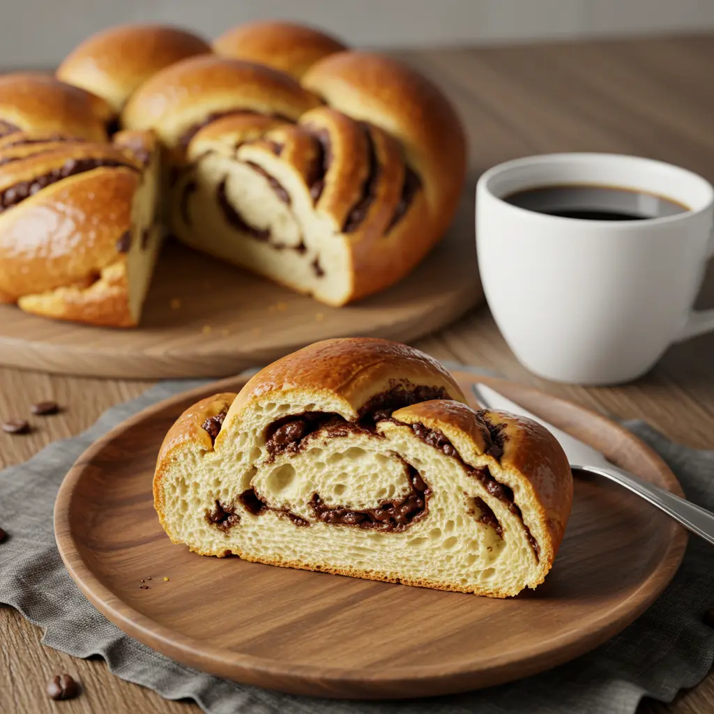 Sliced brioche with melted chocolate on a plate