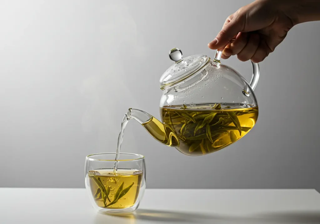 Pouring Hot Water Over Green Tea Leaves