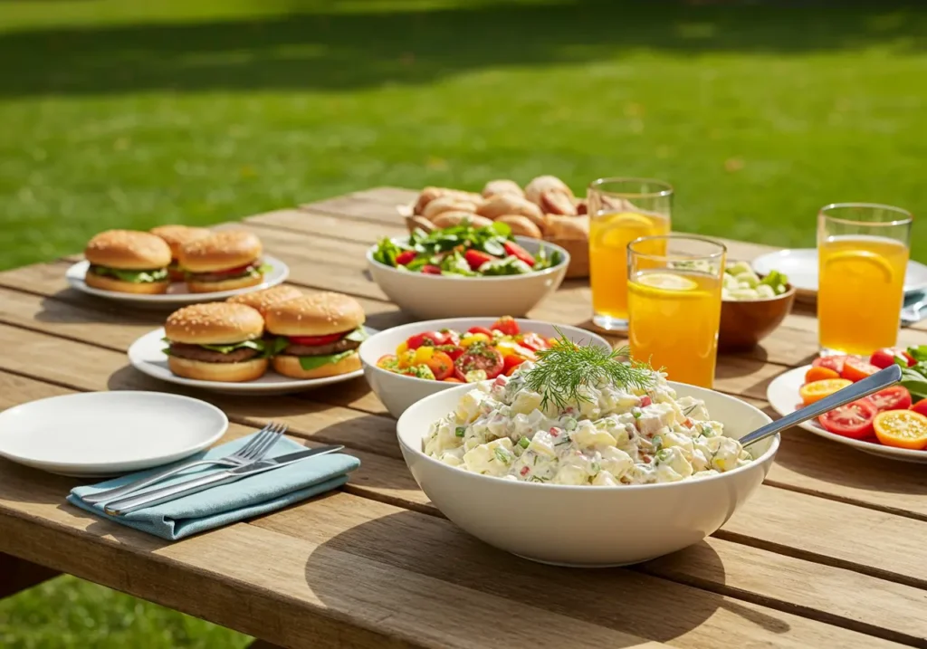 Potato salad served with barbecue and side dishes	