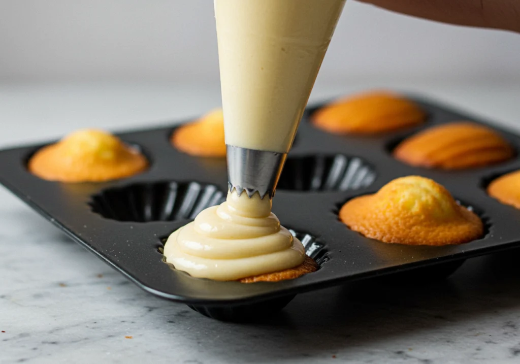 Filling Madeline molds with batter