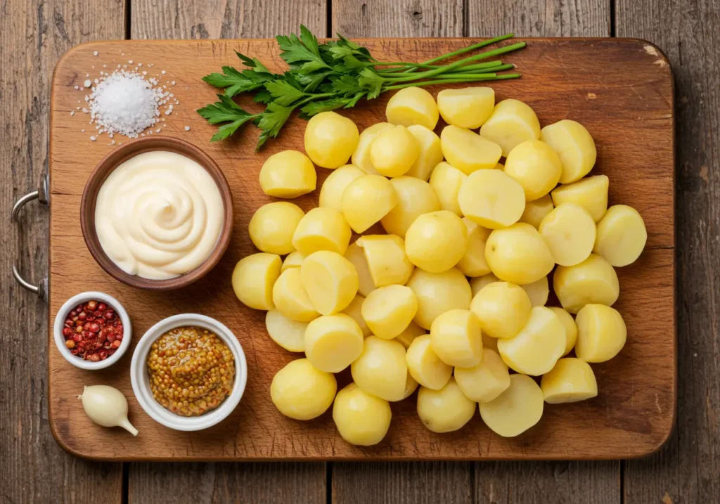 Chopped potatoes and ingredients ready for Hellmann’s potato salad