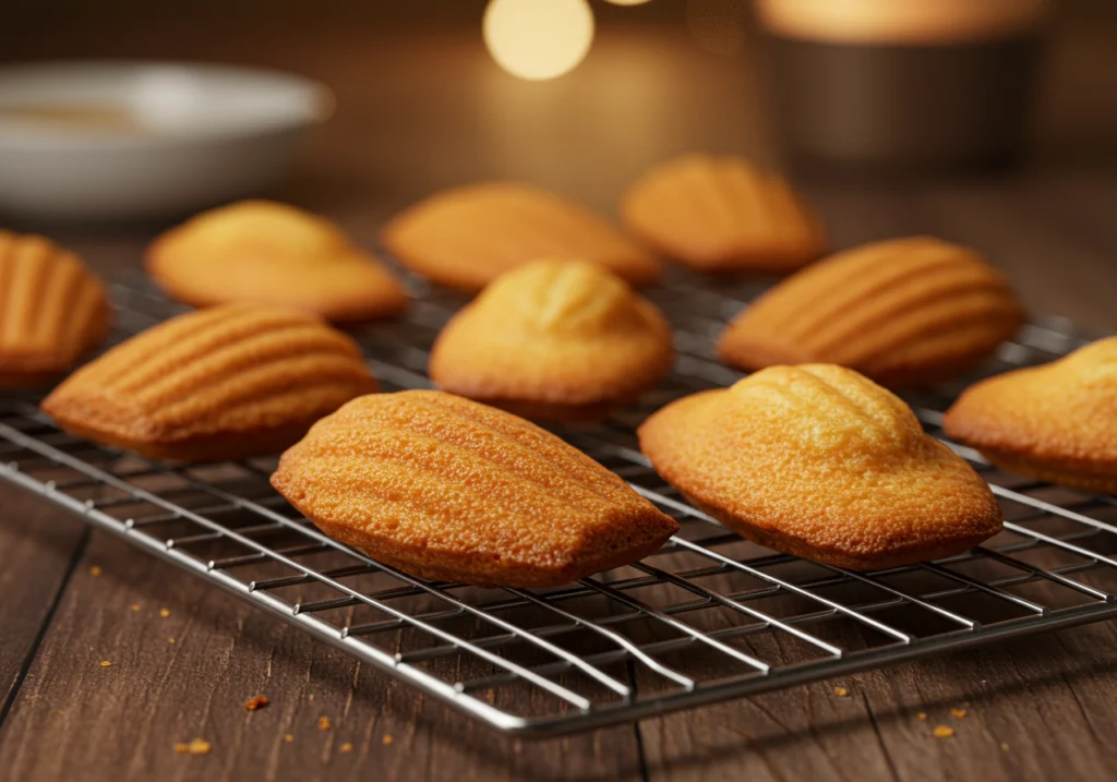 Freshly baked golden Madeline cookies