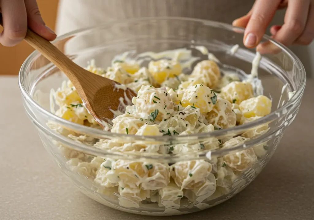 Mixing potato salad with Hellmann’s mayonnaise in a bowl	