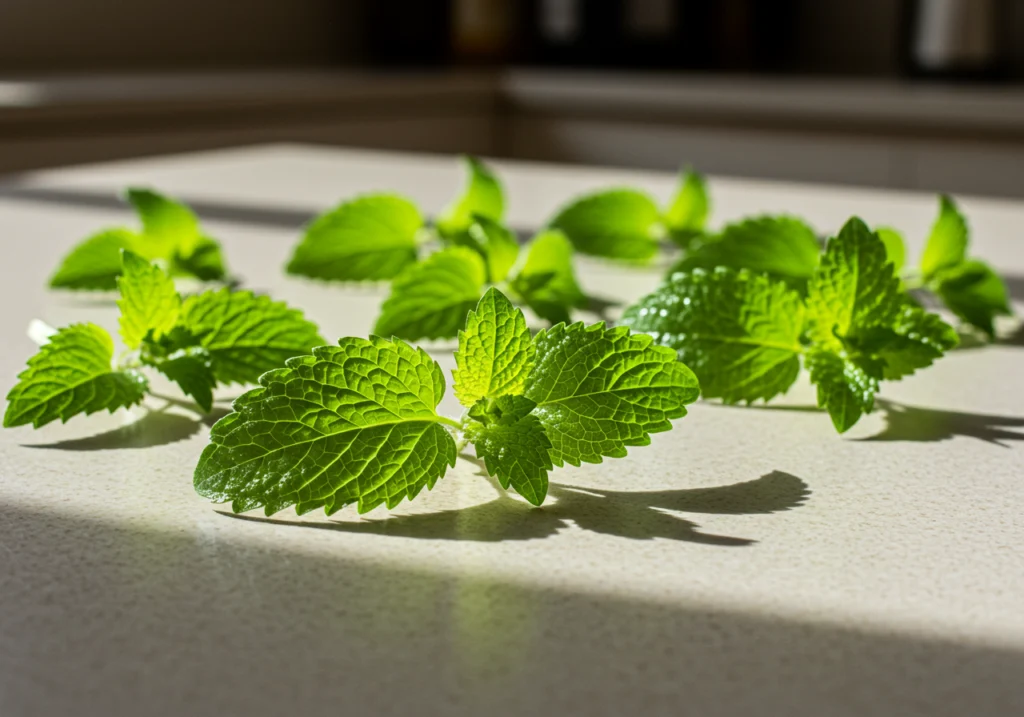 fresh lemon balm leaves on the counter