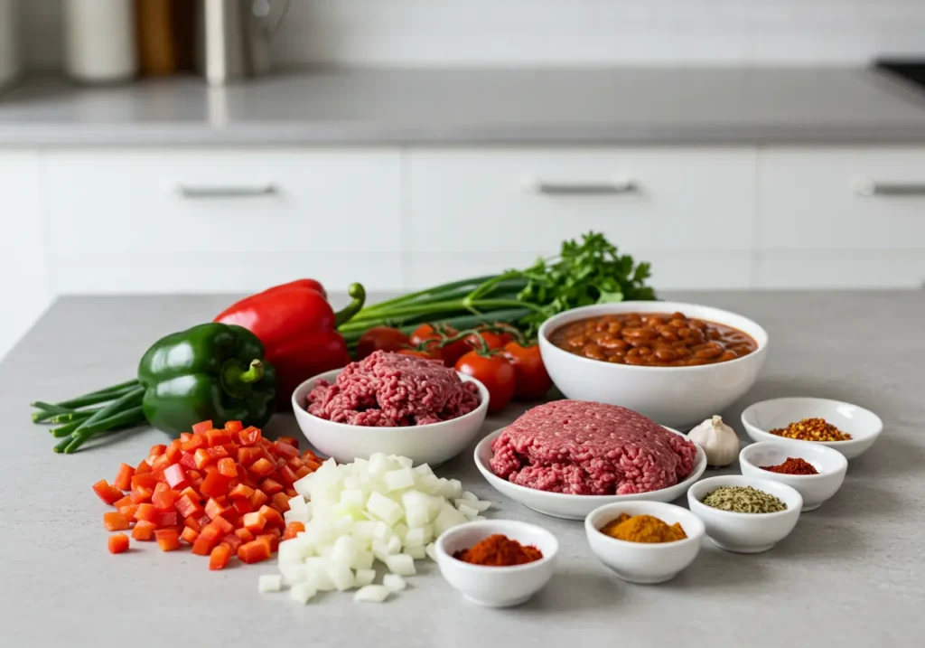 Chili ingredients laid out	