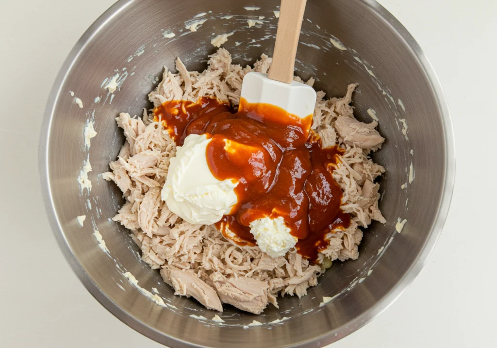 Mixing ingredients for Buffalo chicken dip