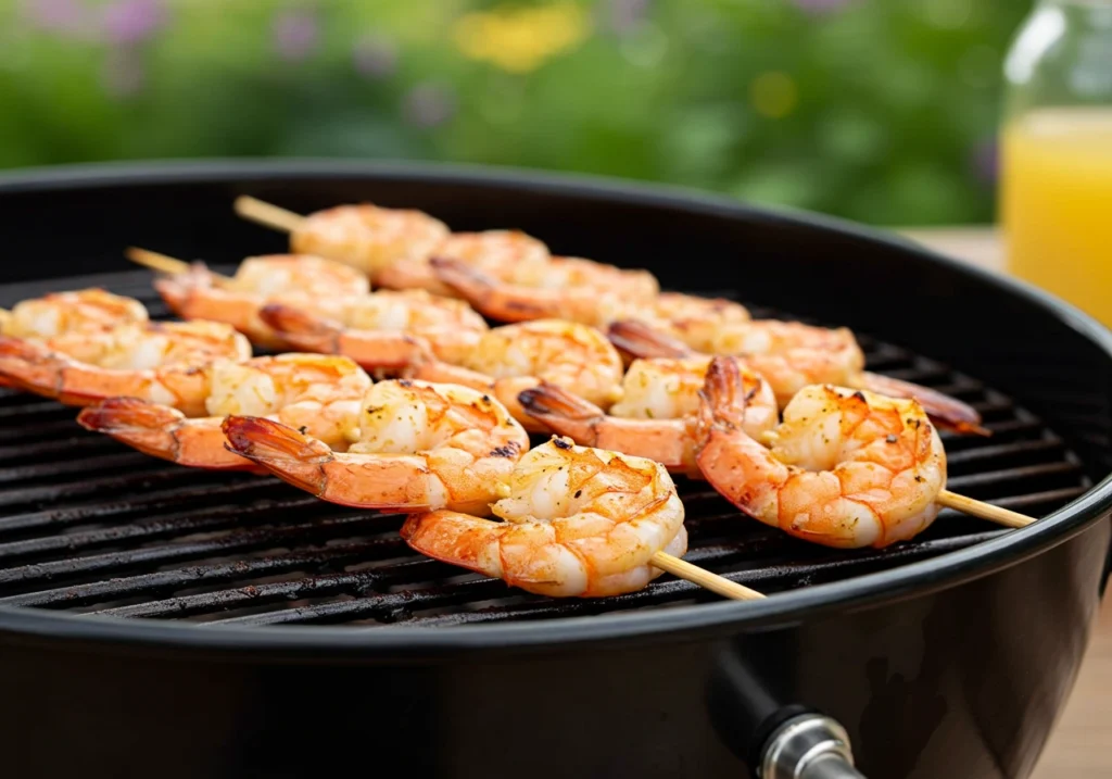 Grilling shrimp skewers on a wood pellet grill