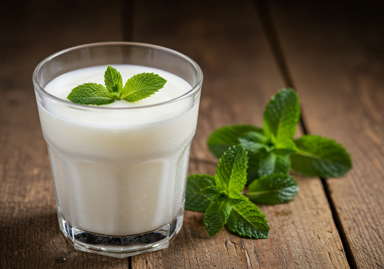 Cold yogurt drink served in a glass