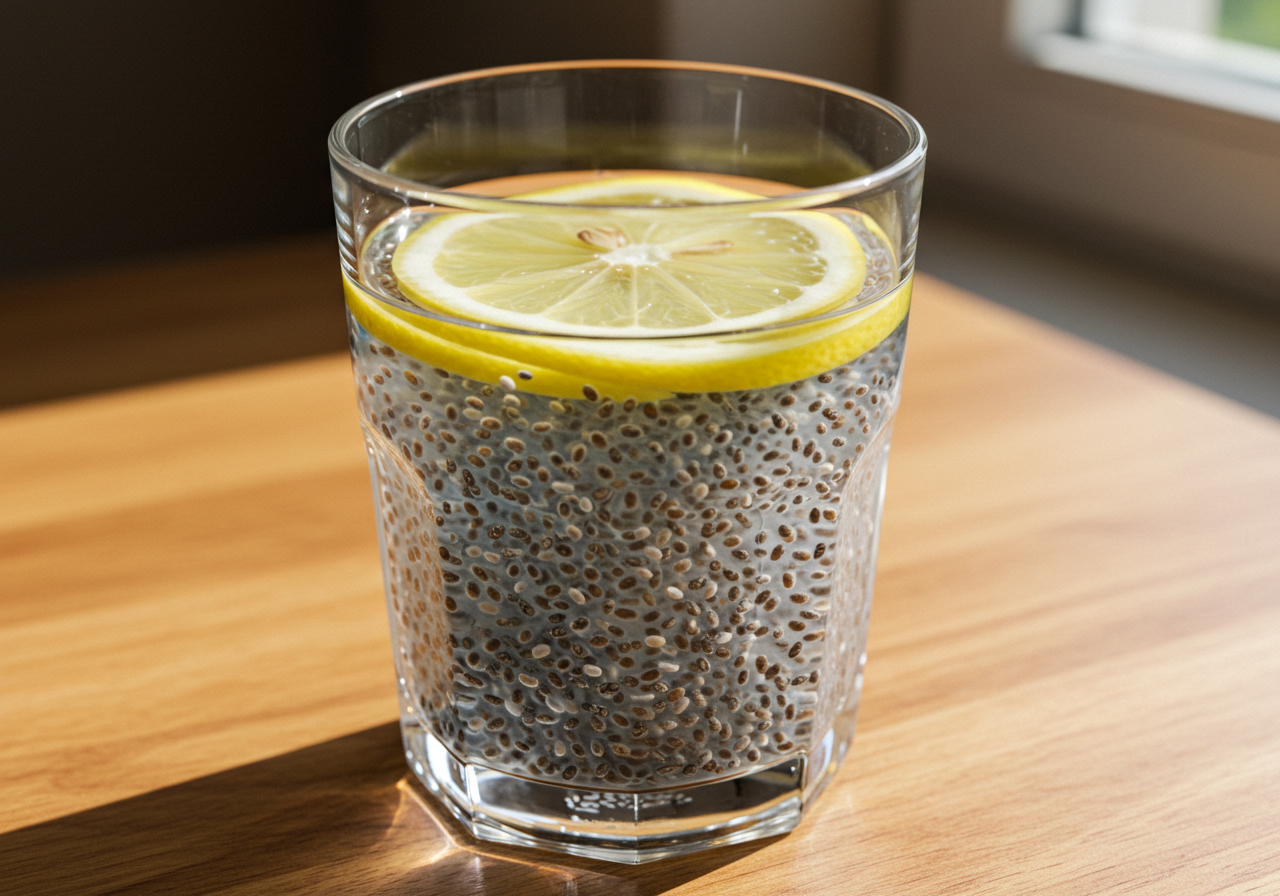 Glass of chia water with lemon slices