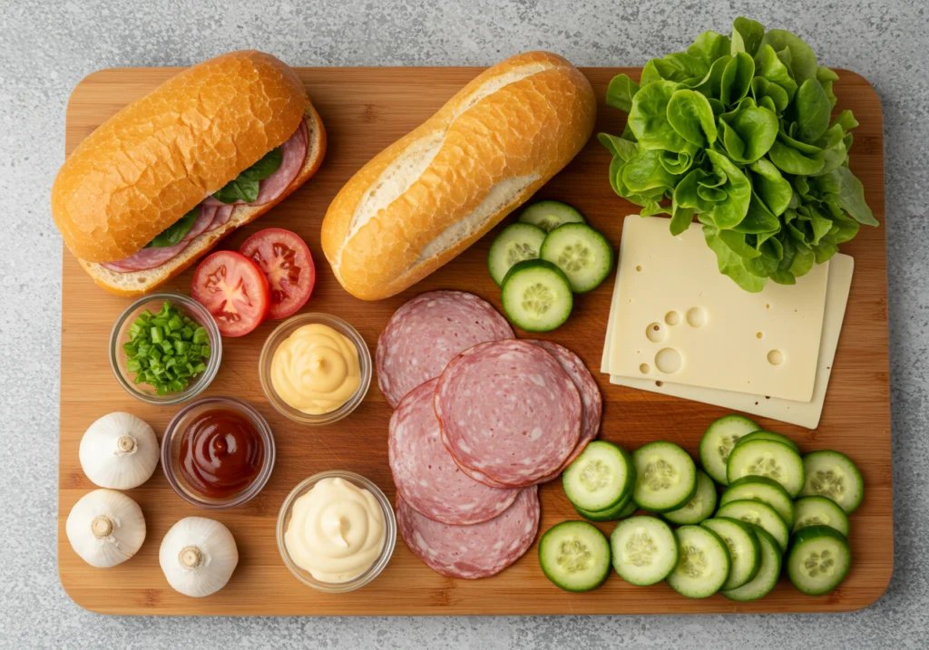 Assorted deli sandwich ingredients on a table	