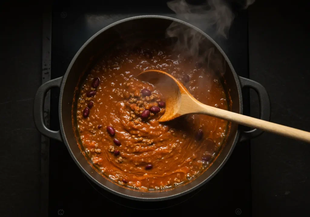 Venison chili simmering in pot