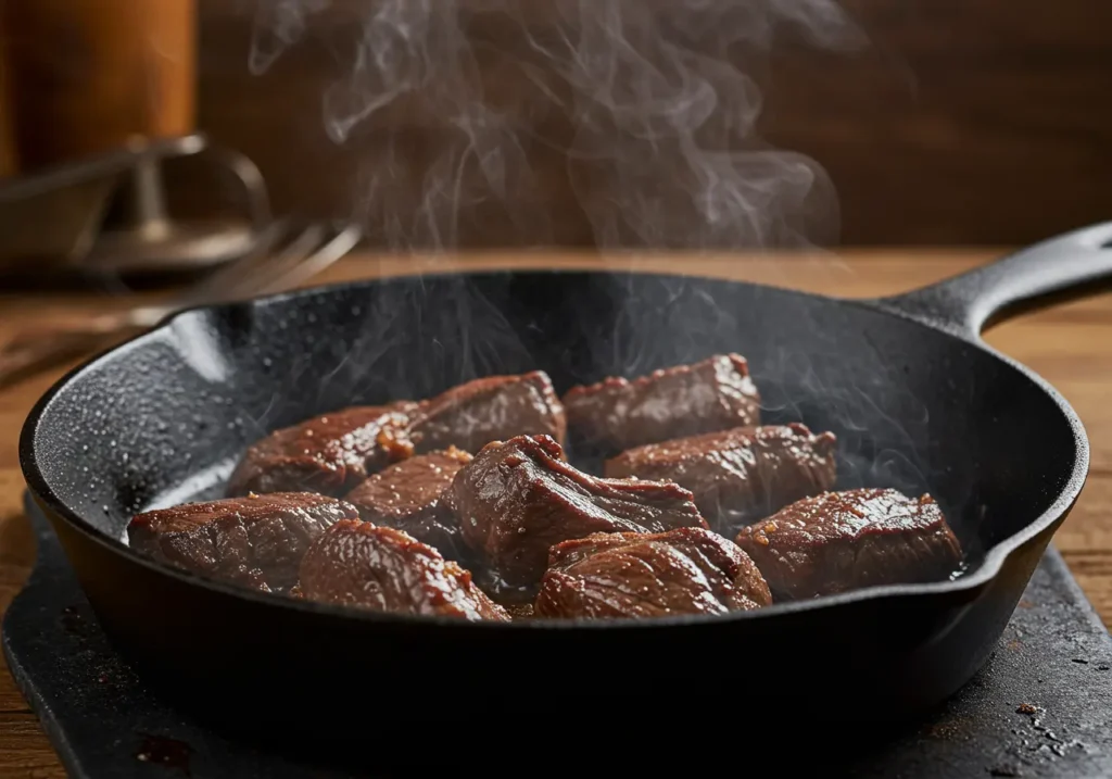 Venison browning in a pan	