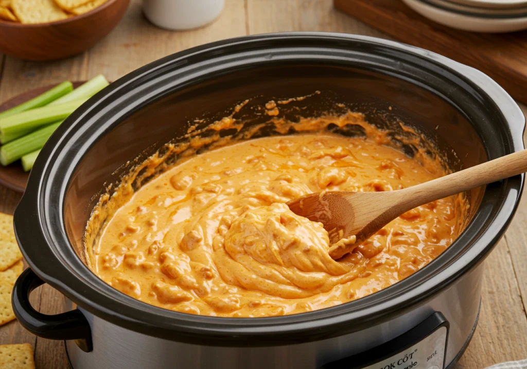 Slow cooker Buffalo chicken dip cooking