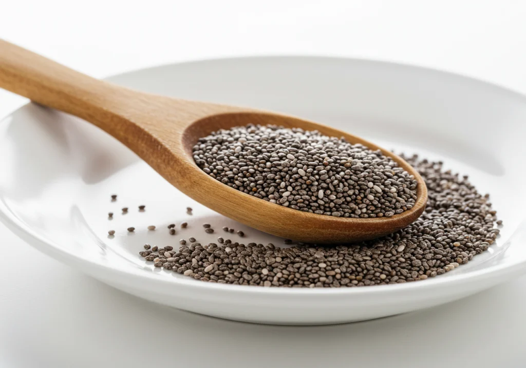 Nutrient-rich chia seeds on a wooden spoon	