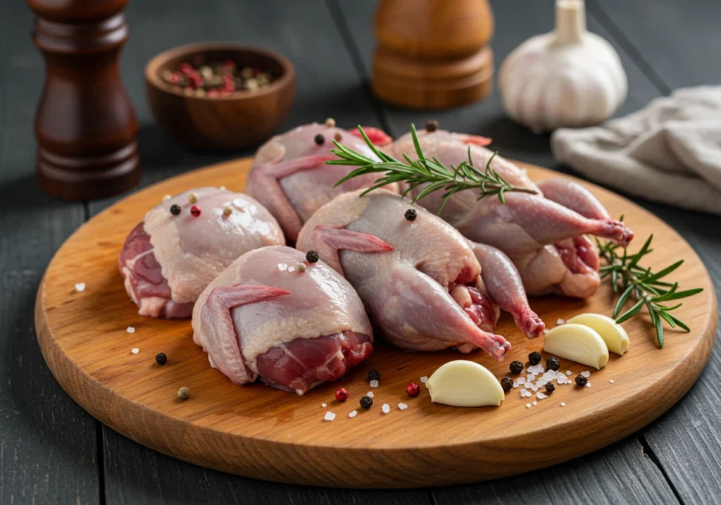 Fresh raw quail meat on a cutting board	