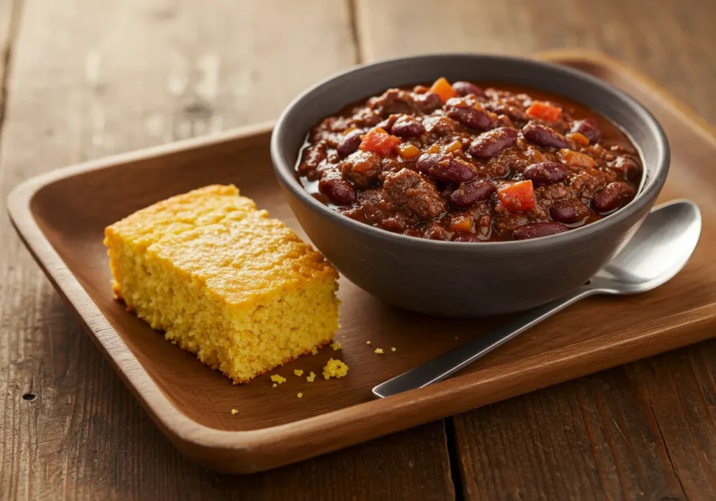 Venison chili in bowl with cornbread