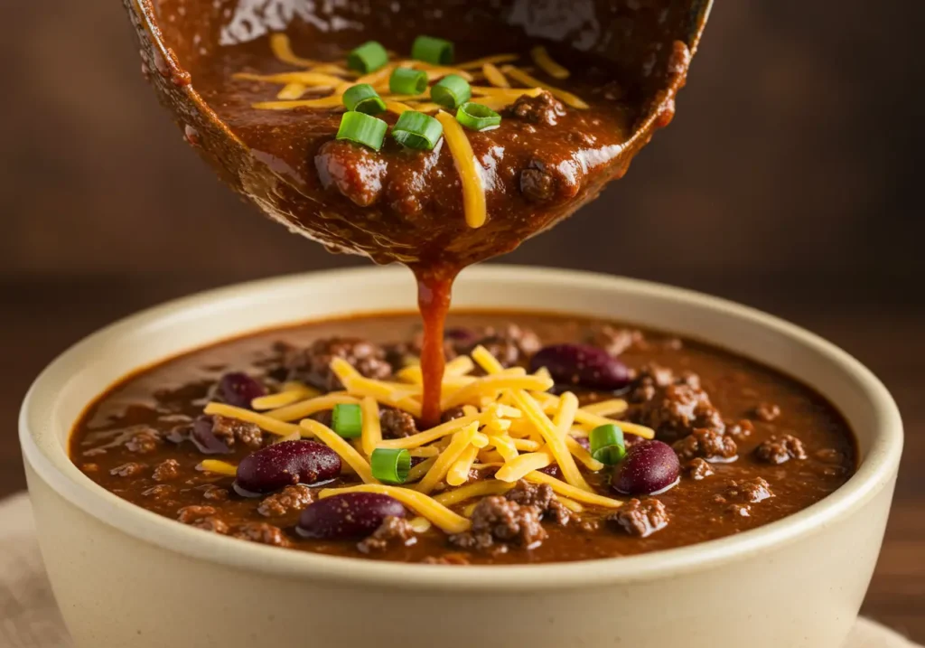 Ladle pouring chili into a bowl