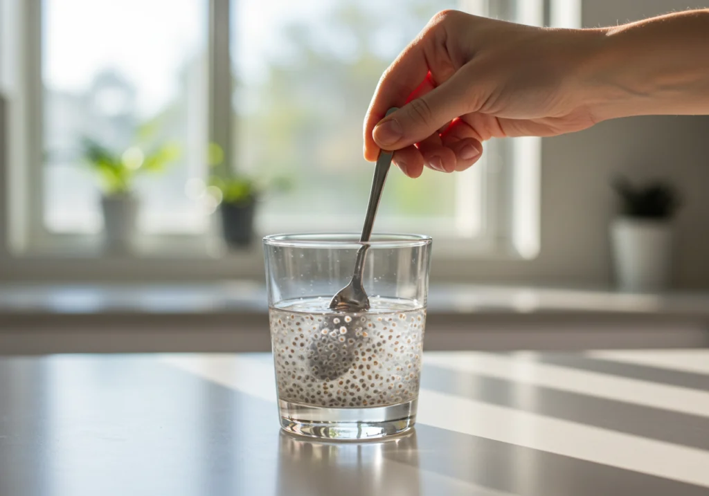 Mixing chia seeds in a glass of water	