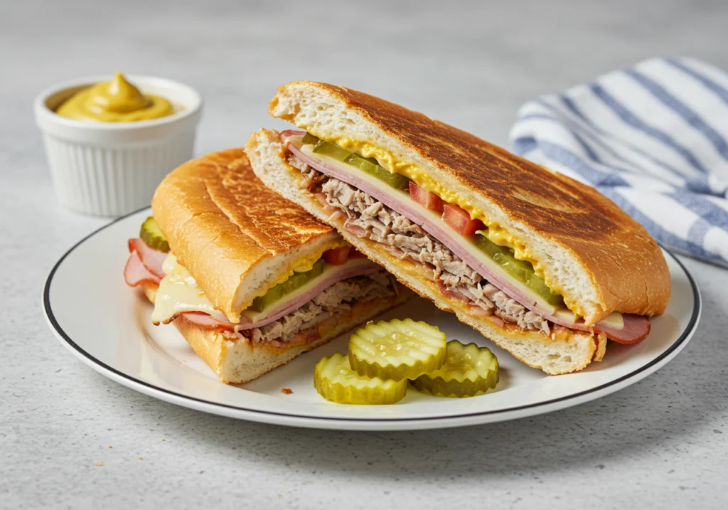 Pressed Cuban sandwich with pickles and mustard	