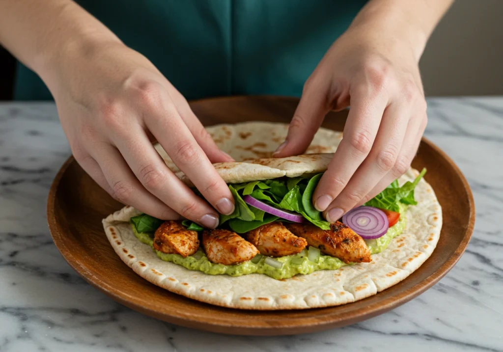 Assembling a chicken pita wrap	