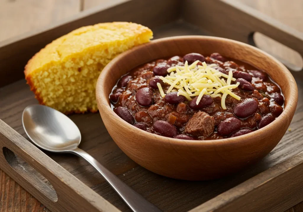 Chili served with cornbread