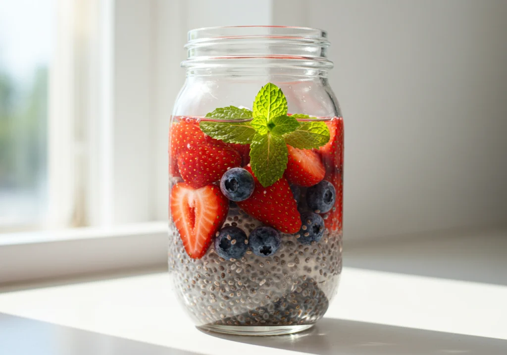 Chia water infused with berries and mint	