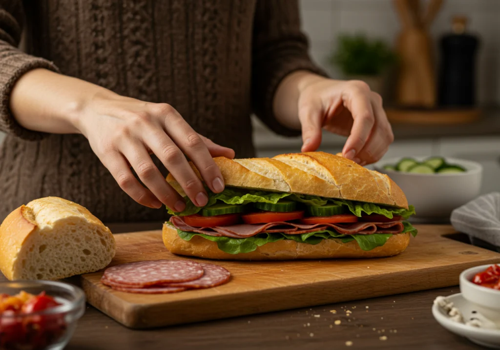 Homemade deli sandwich being prepared	