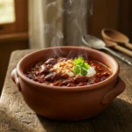 Bowl of venison chili with toppings