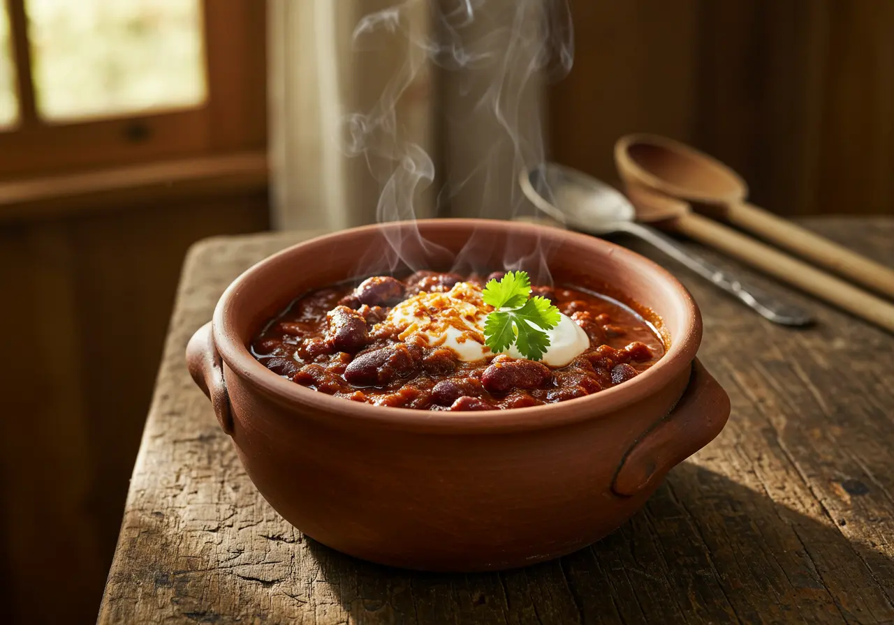 Bowl of venison chili with toppings